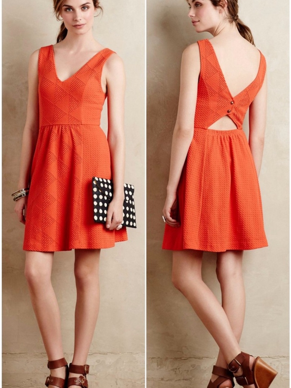 Anthropologie Maeve Textured V-Neck Orange Fit & Flare Dress 4